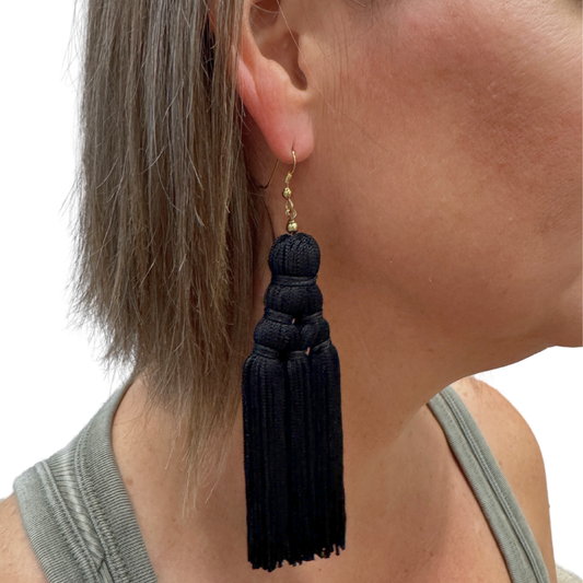 Gold Hook Earring with Black Tassel