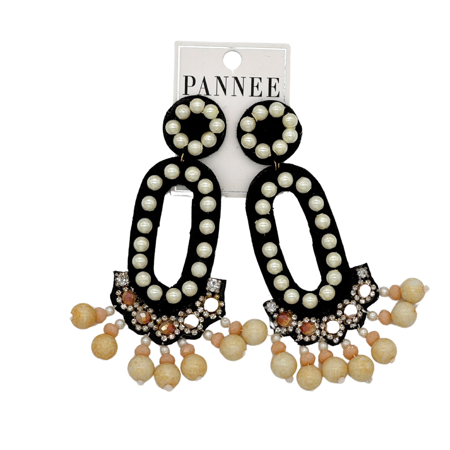 Black Felt Oval Earrings with White and Peach Beads