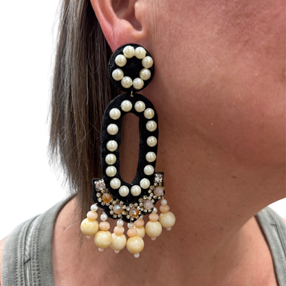 Black Felt Oval Earrings with White and Peach Beads