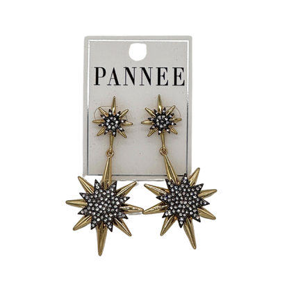 Gold and Black Star Earrings with Small Clear Rhinestones