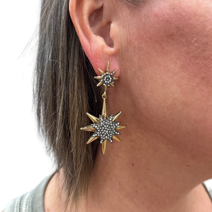 Gold and Black Star Earrings with Small Clear Rhinestones